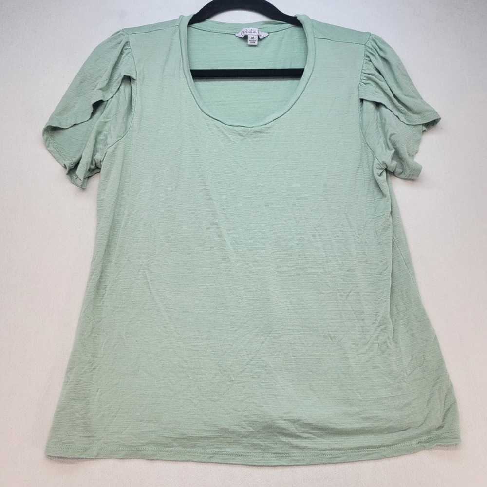 Ophelia Roe Top Womens Medium Green Casual Pleated Petal Sleeve Slub Knit Scoop